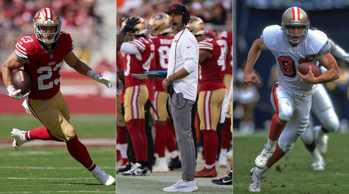 Separate photos of Christian McCaffrey, Kyle Shanahan and Ed McCaffrey, all on the 49ers.